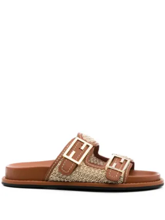 FENDI FF logo buckle raffia strap Slides Brown FARFETCH IE