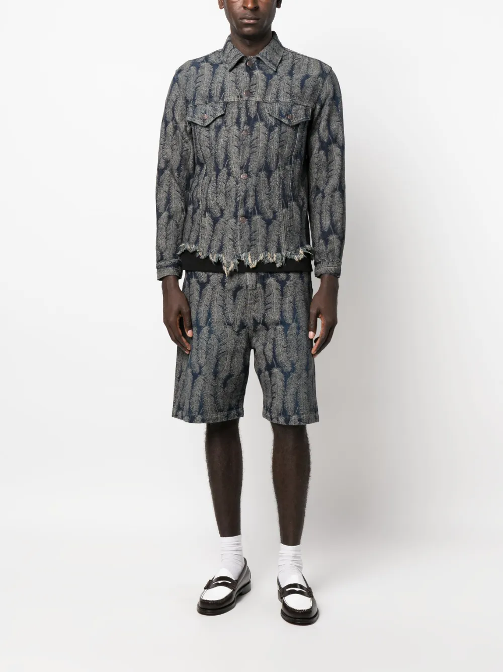 Kapital feather-jacquard denim shorts - Blauw