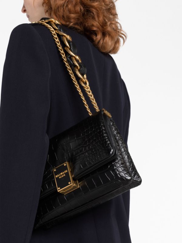 Croc-Embossed Shoulder Bag with Push Lock