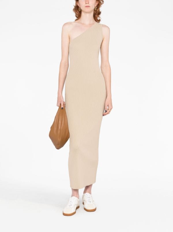 Camel One-shoulder ribbed-knit maxi dress, Toteme