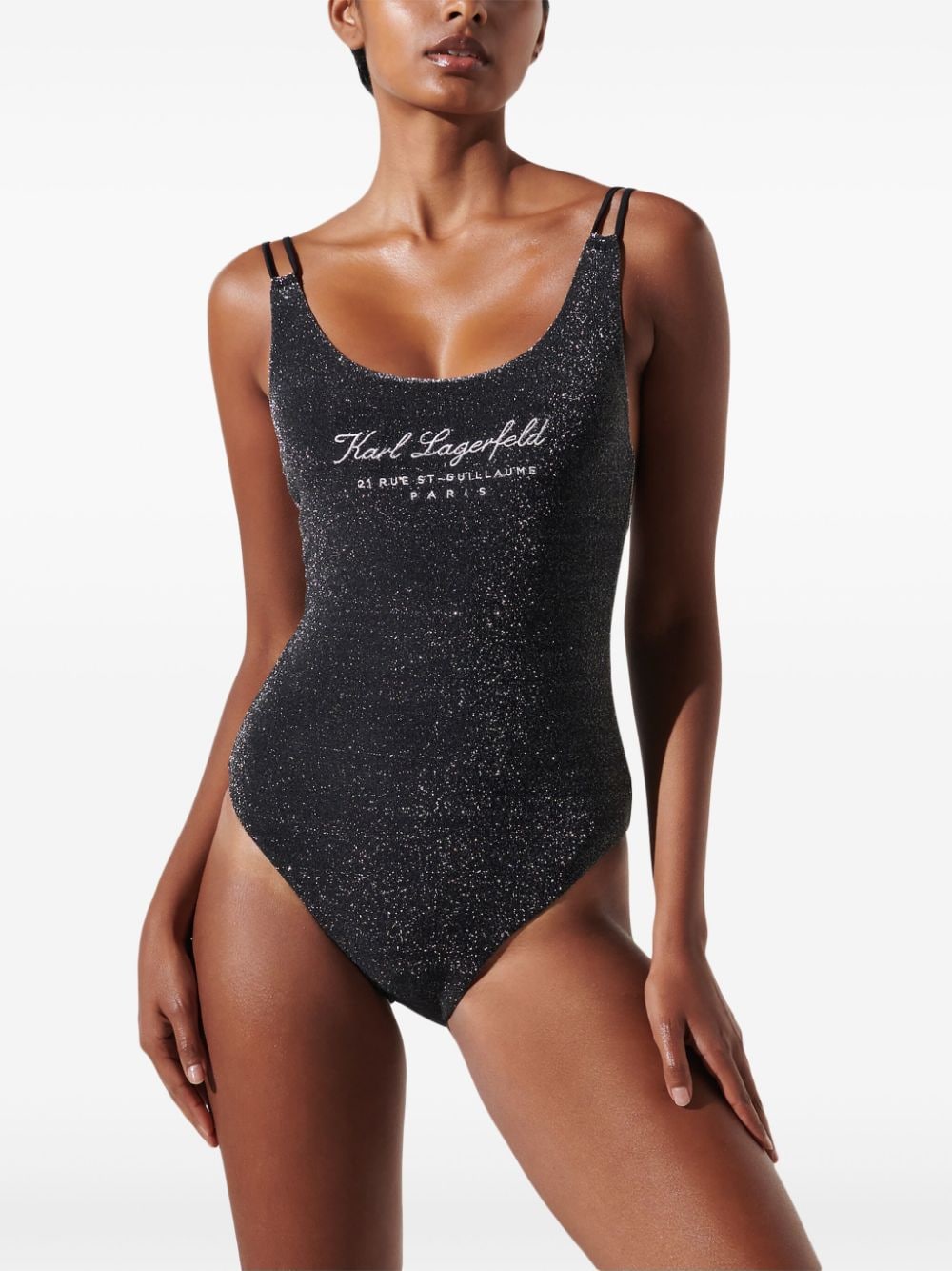 Shop Karl Lagerfeld Hotel Karl Lurex Swimsuit In Black