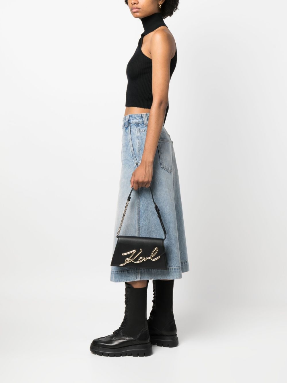 Shop Karl Lagerfeld Signature Leather Shoulder Bag In Black