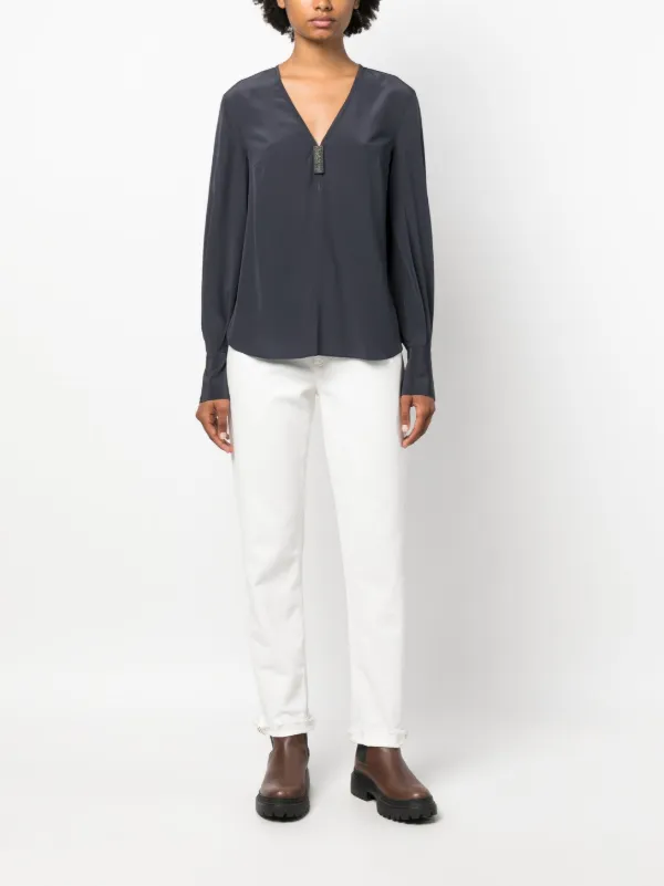 Brunello Cucinelli ビーズディテール シルクブラウス | ブルー  