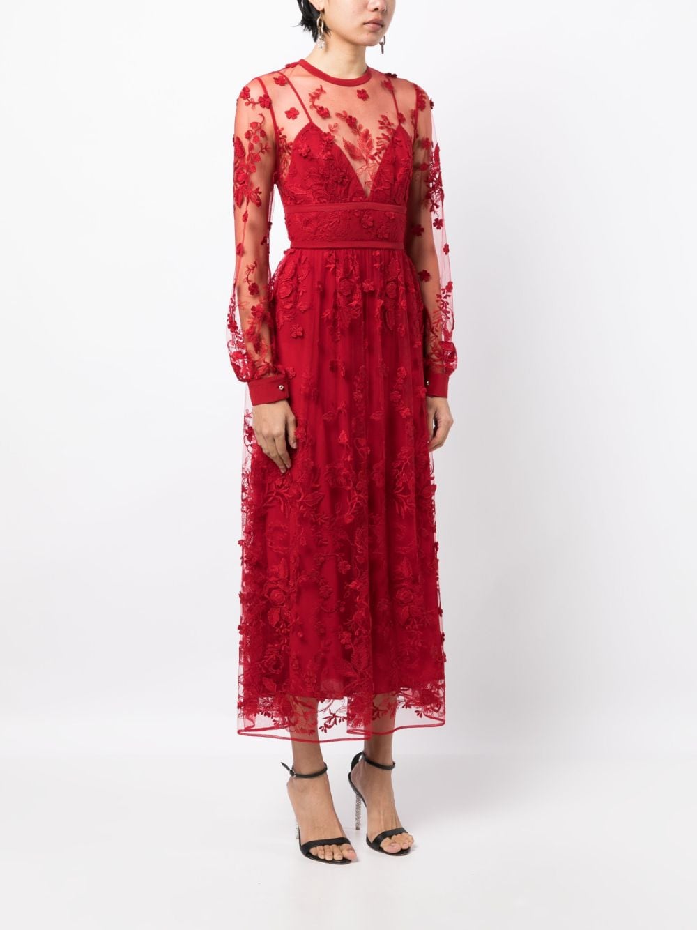 Shop Elie Saab Floral-embroidery Tulle Midi Dress In Red