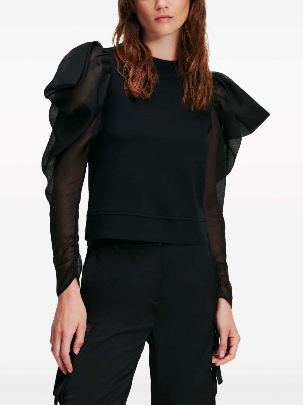 Shop Karl Lagerfeld Tulle-sleeves Ruffled Knit Top In Black