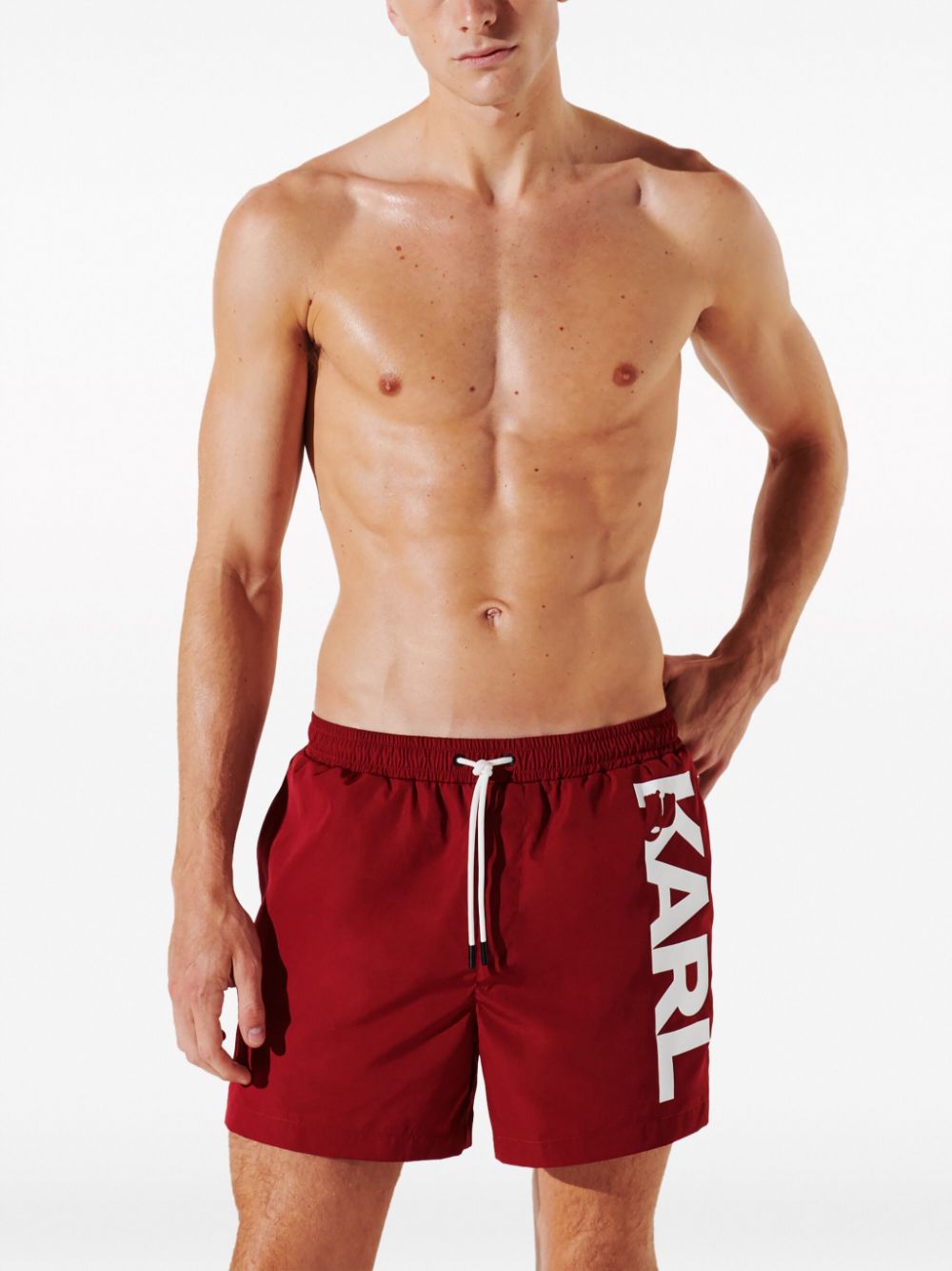 Shop Karl Lagerfeld Logo-print Drawstring Swim Shorts In Red