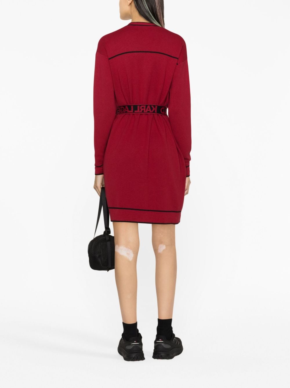 Shop Karl Lagerfeld Logo-jacquard Belted Cardigan In Red