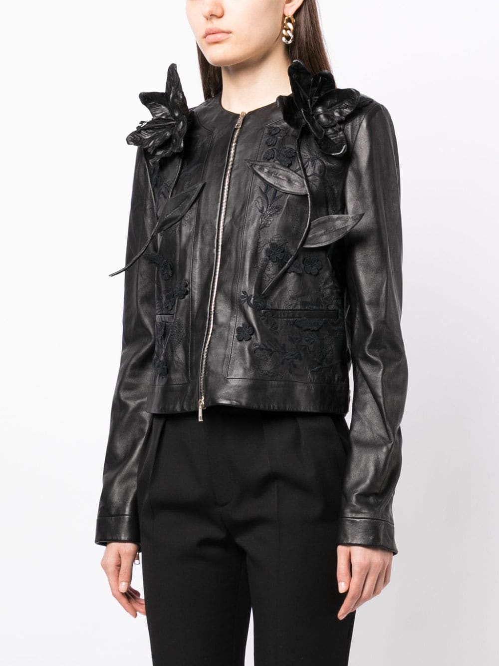 Shop Elie Saab Floral-embroidered Leather Jacket In Black