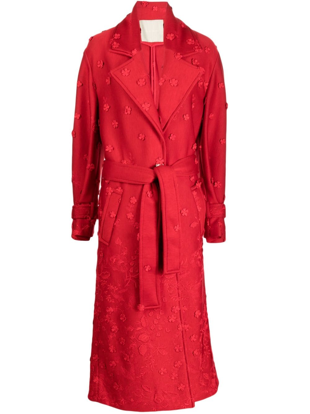 Elie Saab Floral-embroidered Trench Coat In Red