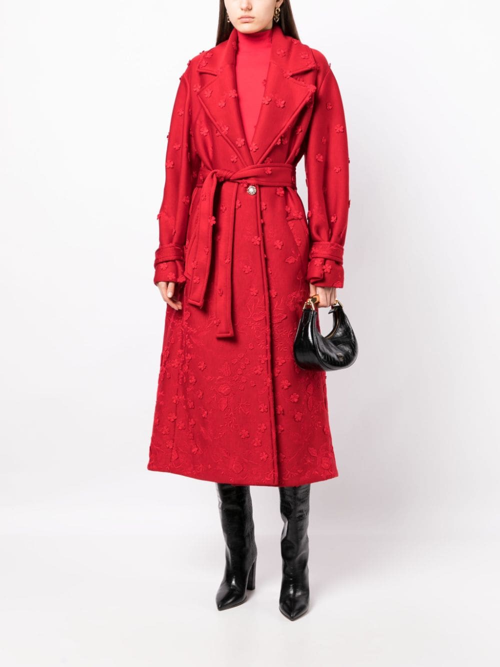 Shop Elie Saab Floral-embroidered Trench Coat In Red