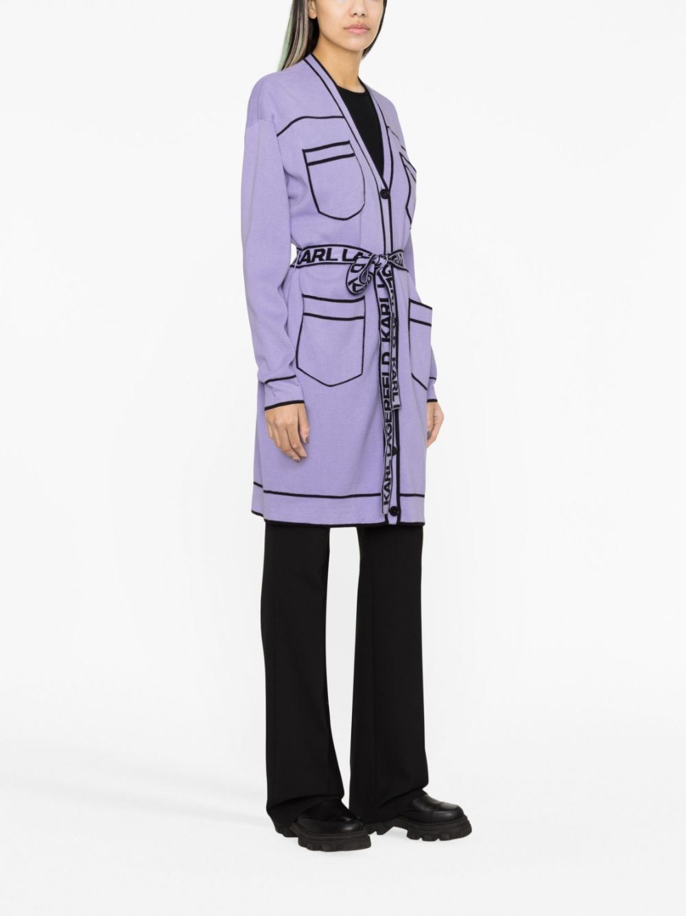 Shop Karl Lagerfeld Contrast-trimmed Belted Cardi-coat In Purple