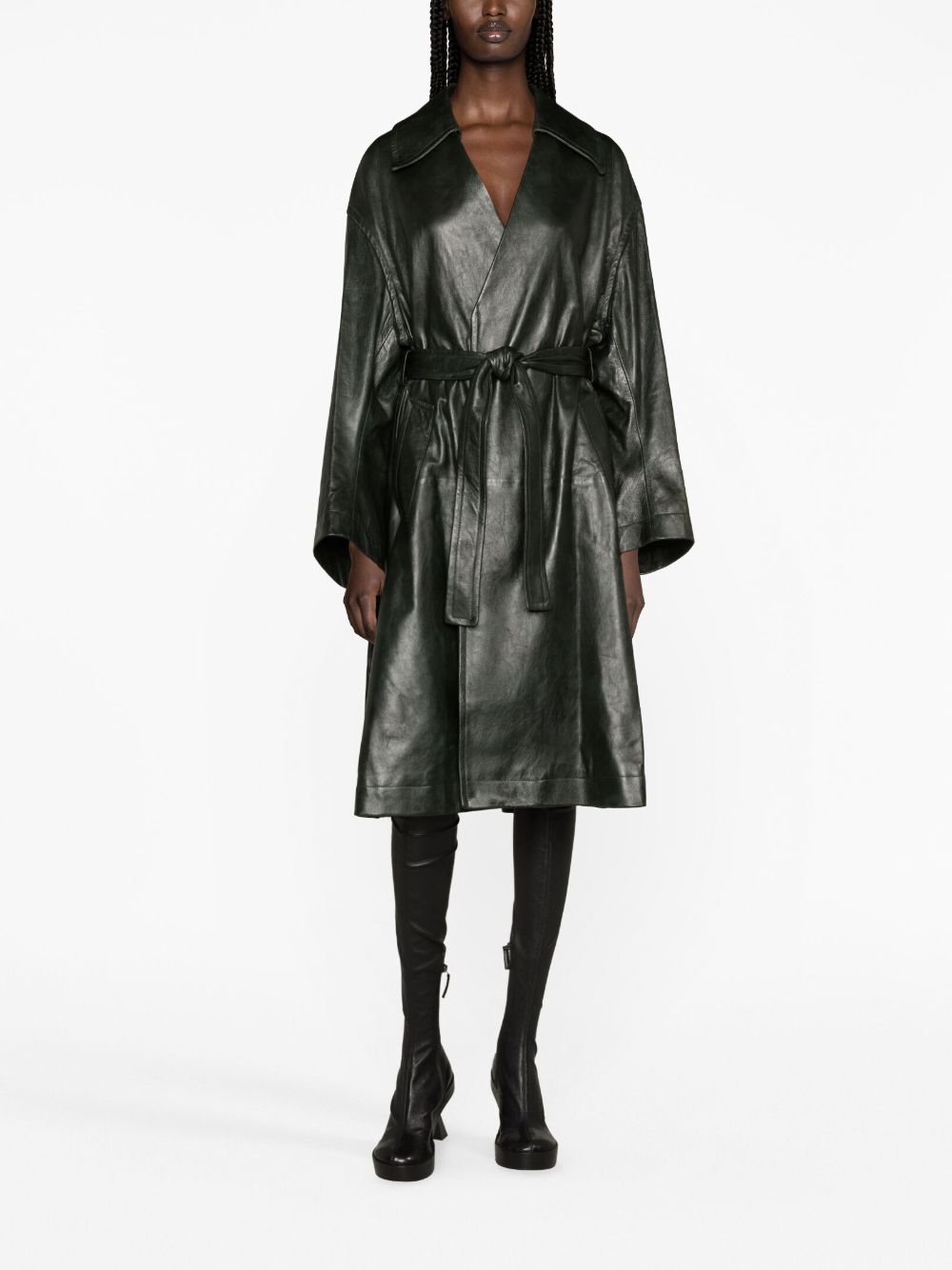 Shop Bottega Veneta Belted Leather Coat In Green