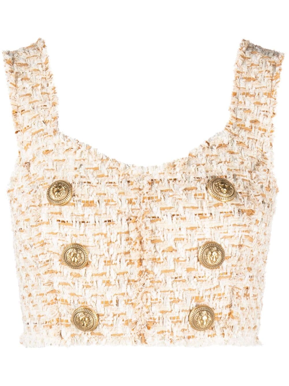 button-embellished tweed cropped top