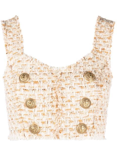 Balmain button-embellished tweed cropped top Women