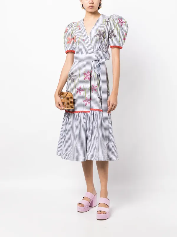 SILVIA TCHERASSI Floral-embroidered Striped Midi Dress - White SILVIA TCHERASSI Floral-embroidered Striped Midi Dress - White