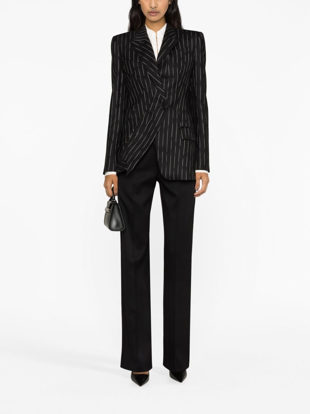 Alexander Mcqueen Pinstripe Asymmetrical Wool Blazer Farfetch 