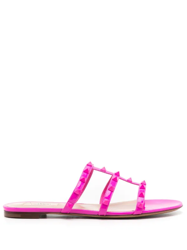 サンダル・ミュール Valentino Garavani Antiqued Pink Leather Rockstud Slippers Luxury women's shoes - Valentino Rockstud sandals in pink