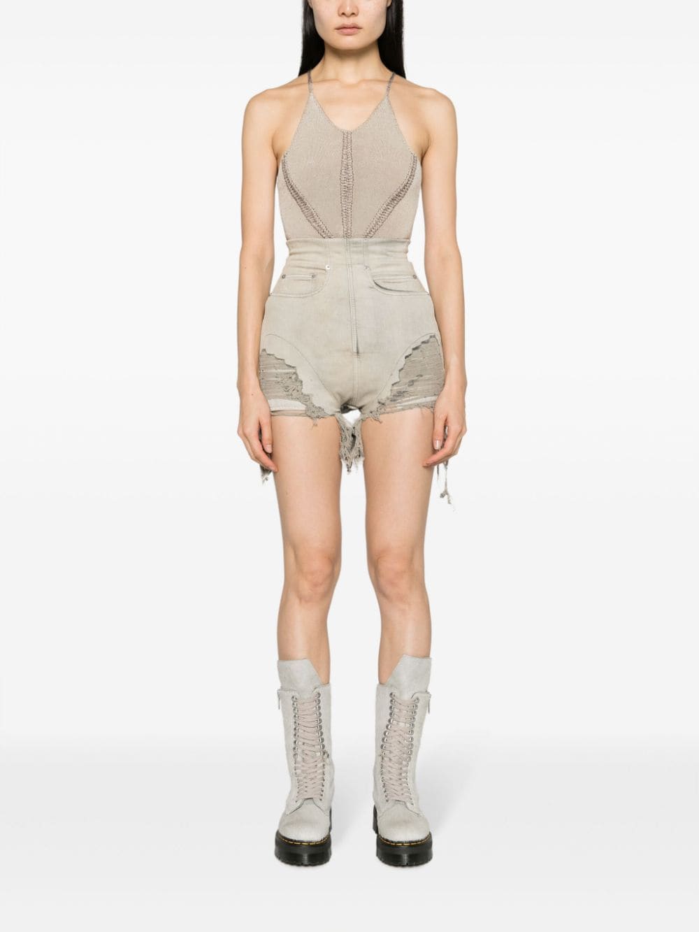 Shop Rick Owens Ripped-detailing High-waist Shorts In Grey