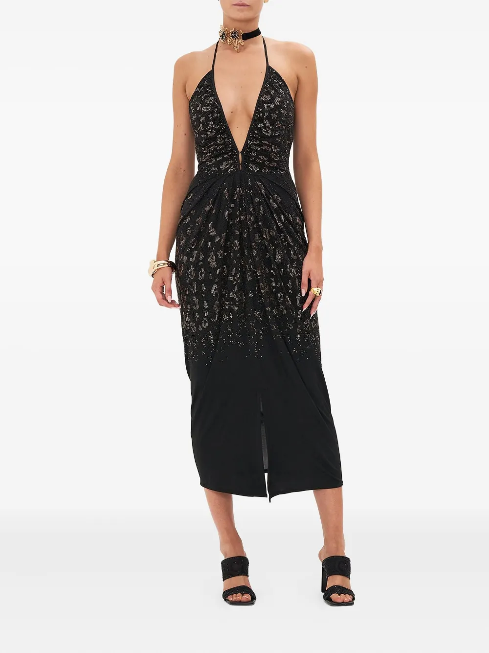 Camilla gathered v-neck dress - Zwart