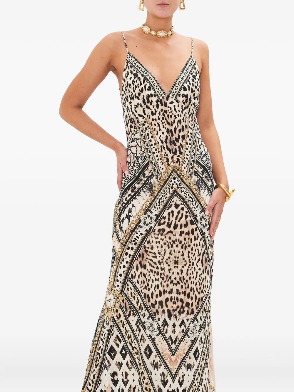 Camilla Mosaic Muse maxi-jurk met V-hals Beige