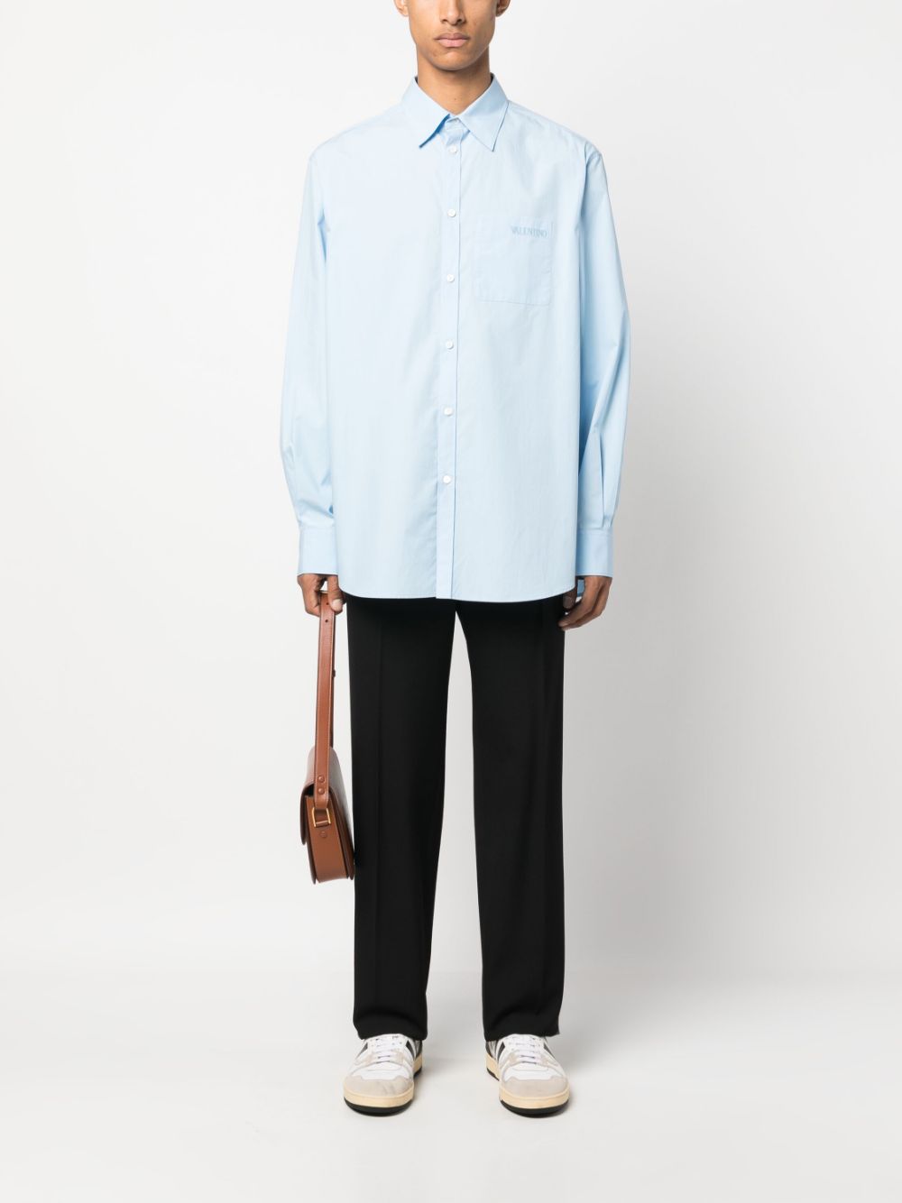 Shop Valentino Logo-embroidered Cotton Shirt In Blue