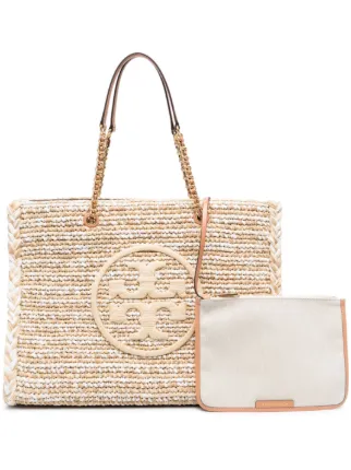 Tory Burch Ella Raffia M lange Chain Tote Bag Neutrals FARFETCH IE