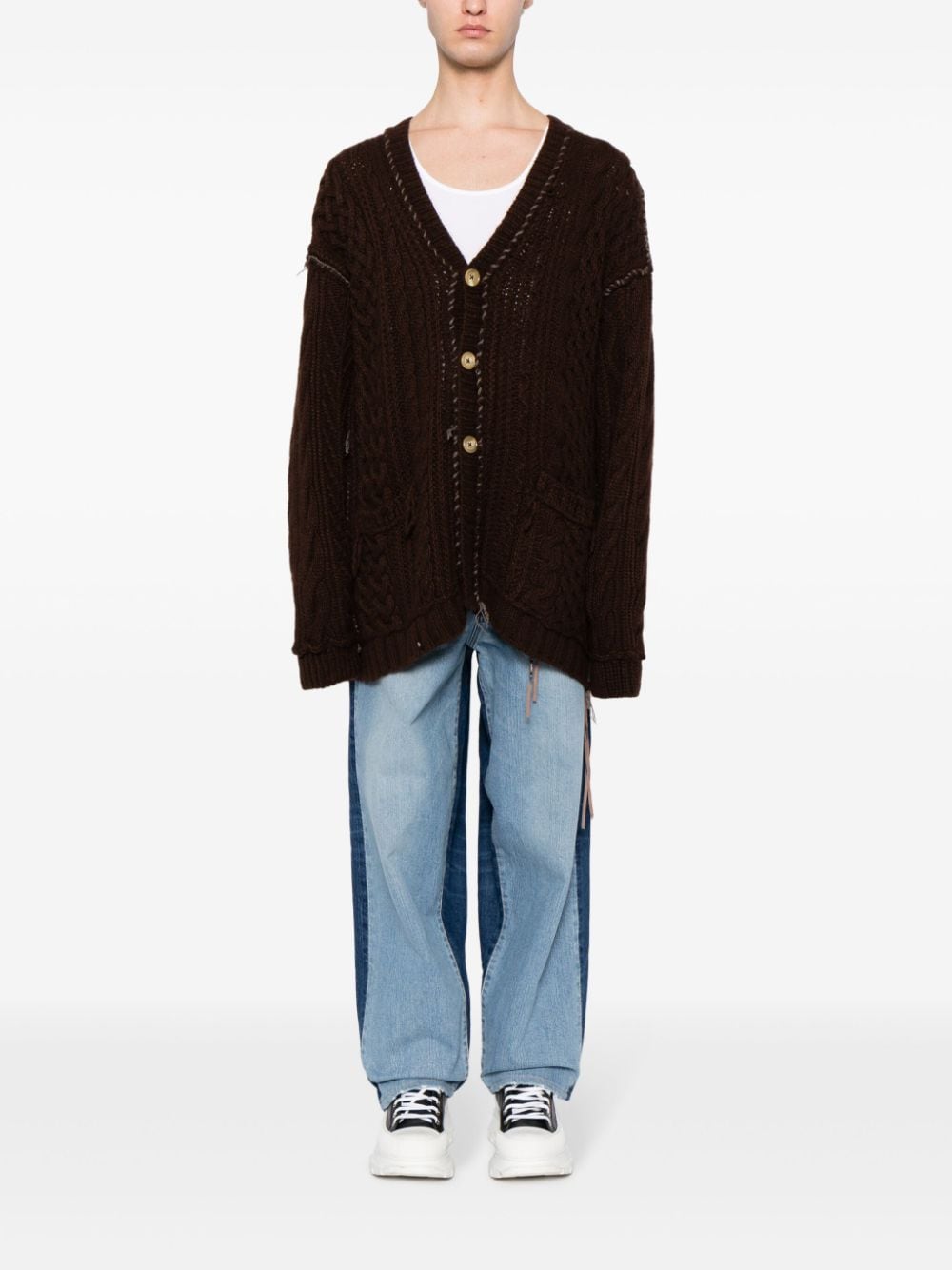 Shop Mastermind Japan Cable-knit Skull Cashmere Cardigan In Brown