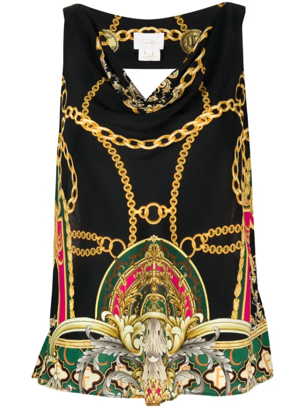 Camilla Graphic-print Silk Top in Black