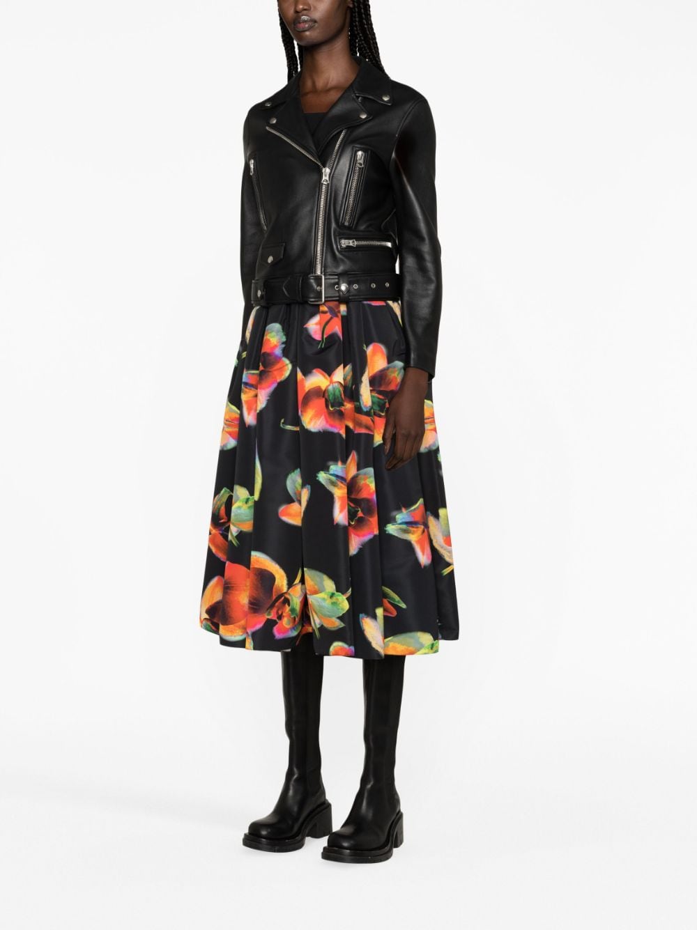 Alexander McQueen Solarised Orchid-print cotton midi skirt - Zwart