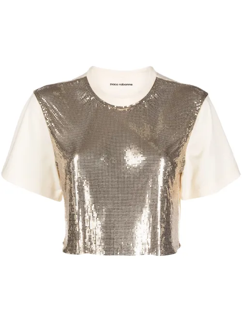 T-shirt crop à empiècement en maille métallique - Rabanne - Modalova