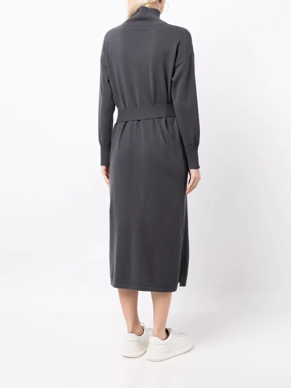 Shop N•peal High-neck Belted-waist Dress In Grey