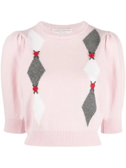 Alessandra Rich floral-appliqué cropped knitted jumper