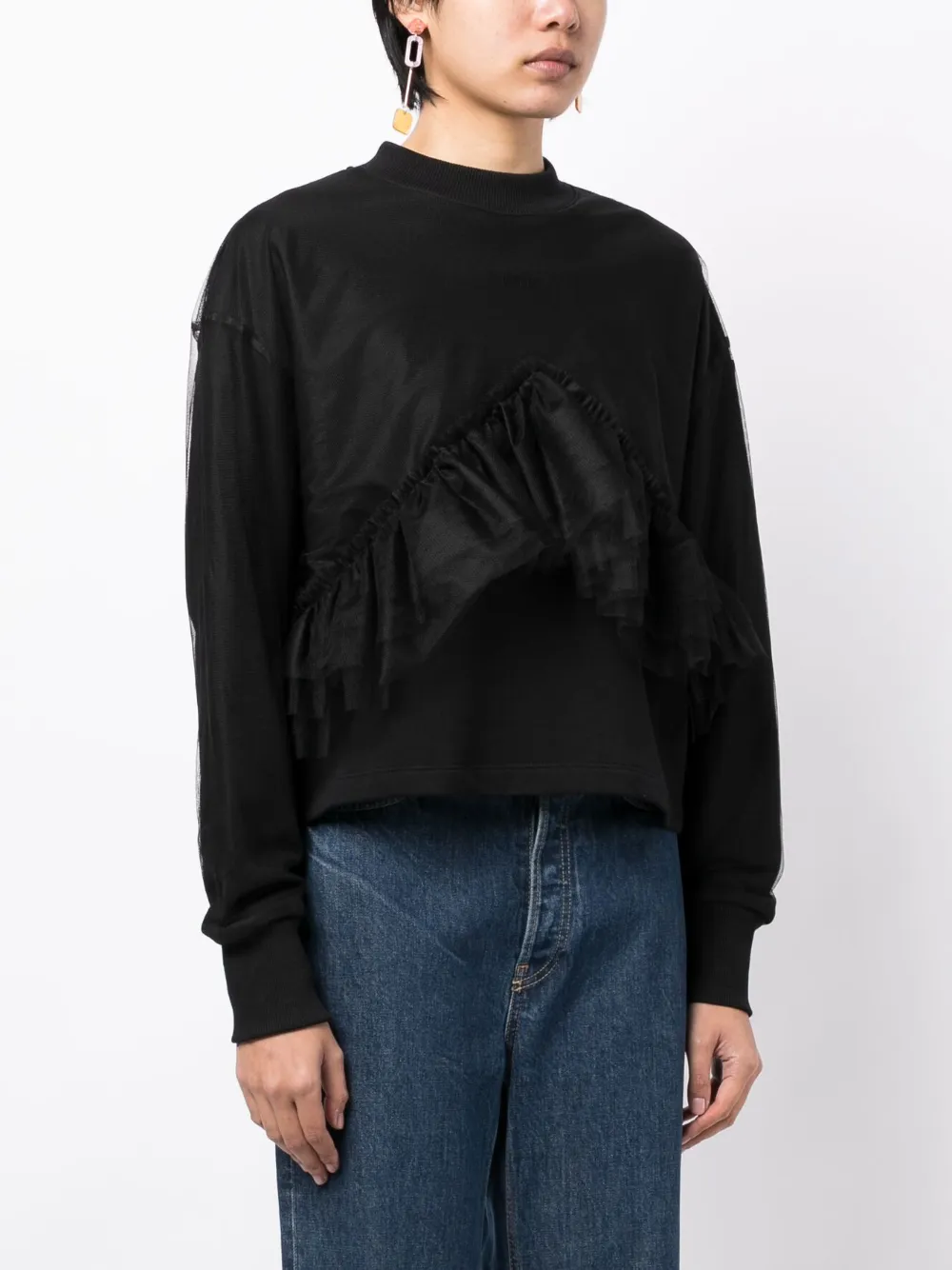 Msgm Black Cotton Crewneck Sweatshirt Covered In Tulle In Black