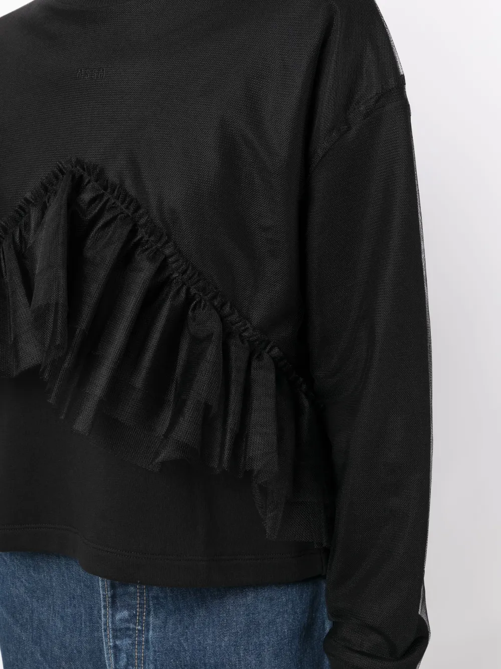 Msgm Black Cotton Crewneck Sweatshirt Covered In Tulle In Black