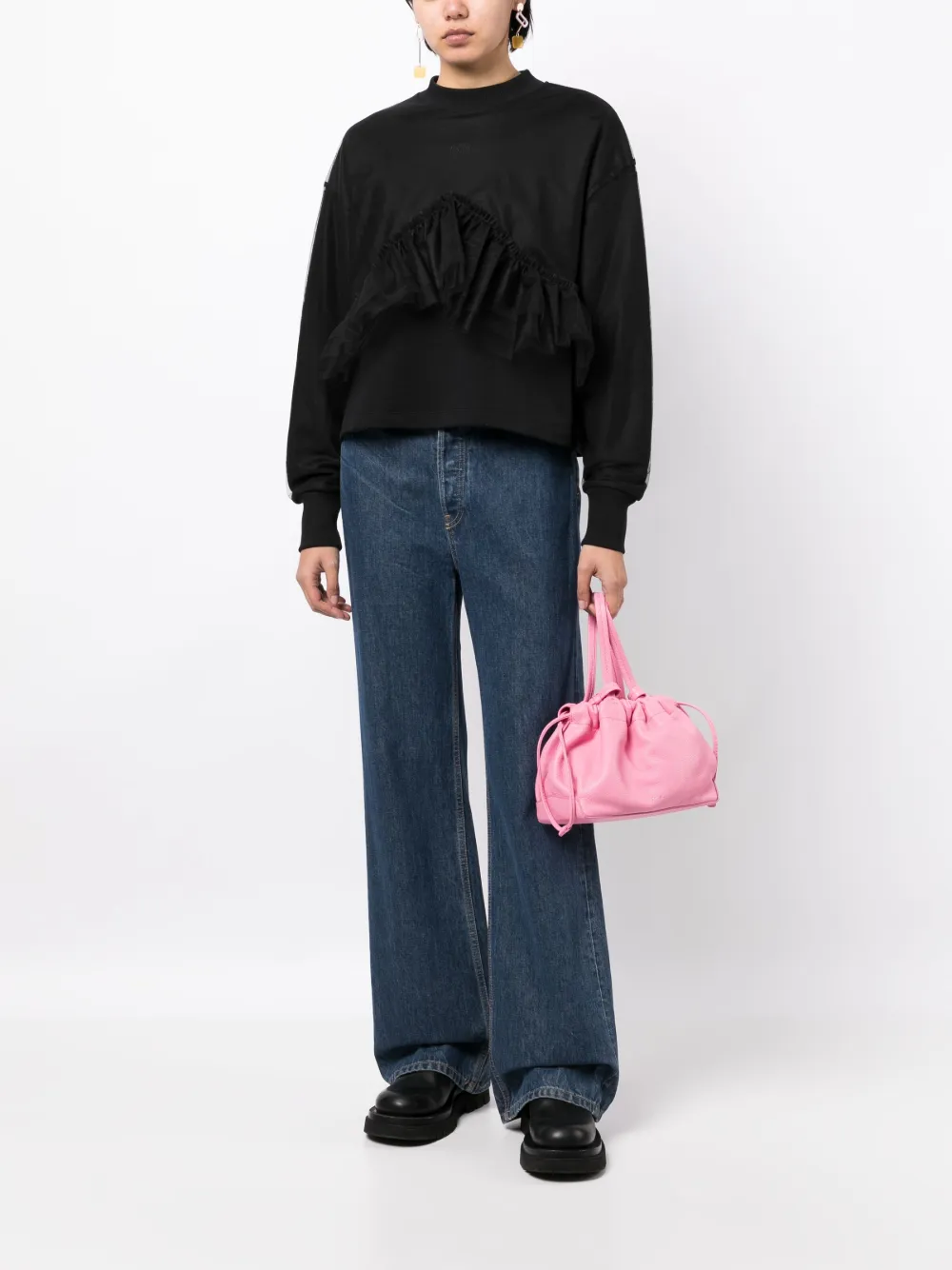 Msgm Black Cotton Crewneck Sweatshirt Covered In Tulle In Black