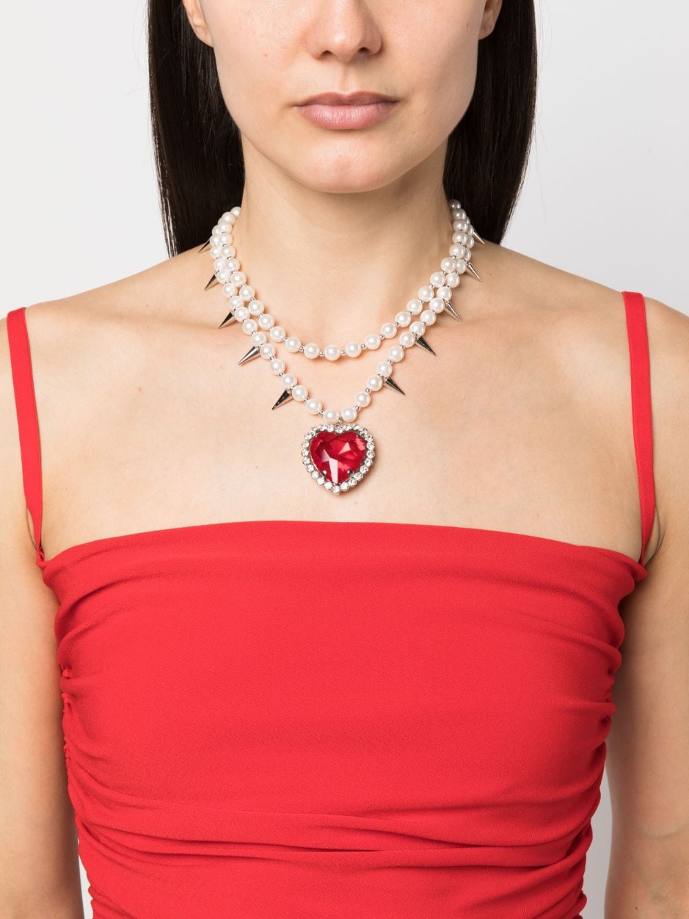Alessandra Rich heart-pendant studded faux-pearl necklace - Wit