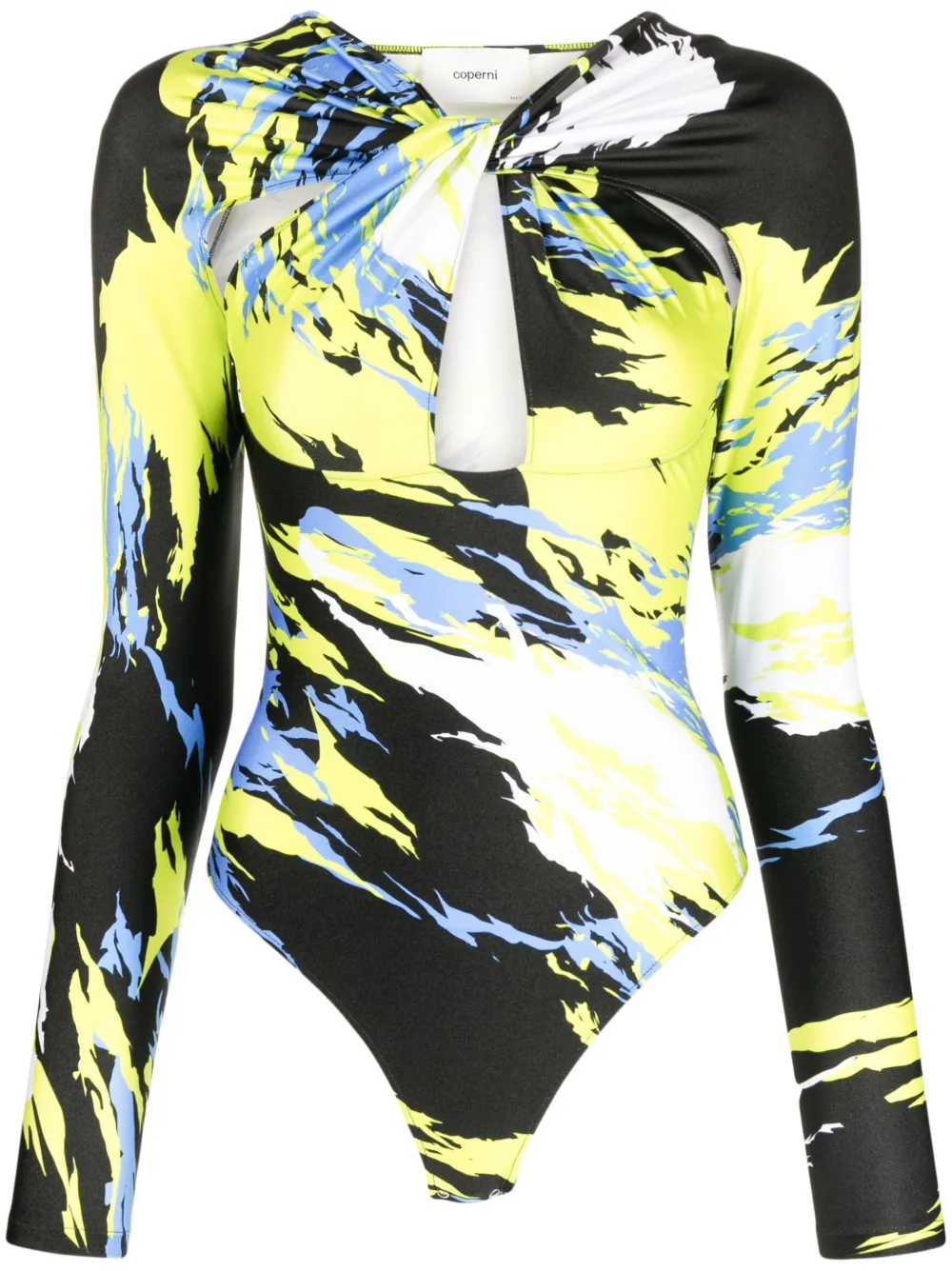 Coperni Abstract-print Twist-front Bodysuit In Black