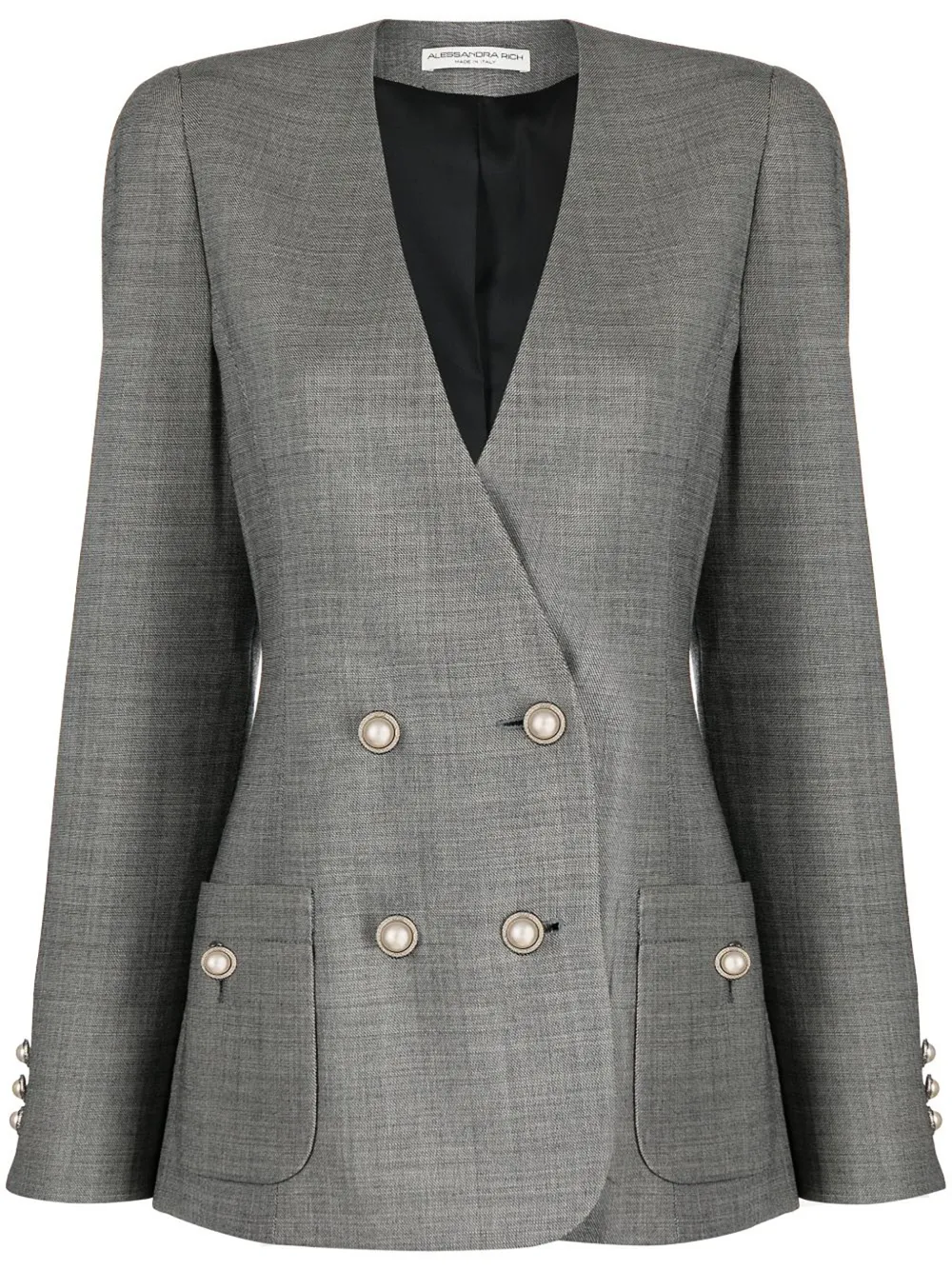 Shop Alessandra Rich Collarless Double-breasted Virgin-wool Blazer In Grey