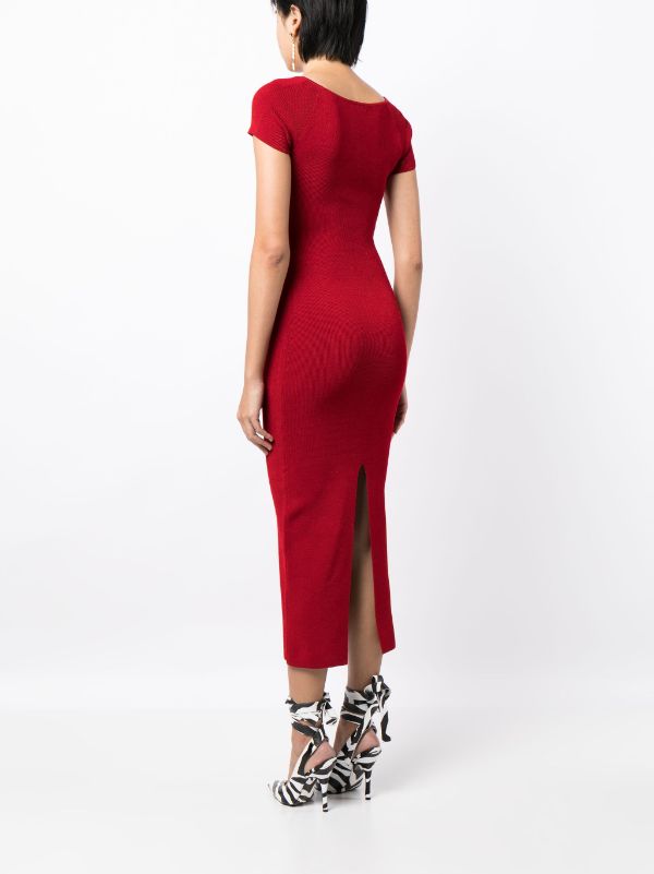 The Red Square Neck Ribbed Midi Dress - Red Ribbed Knit Bodycon Midi Dress  - Red - Dresses