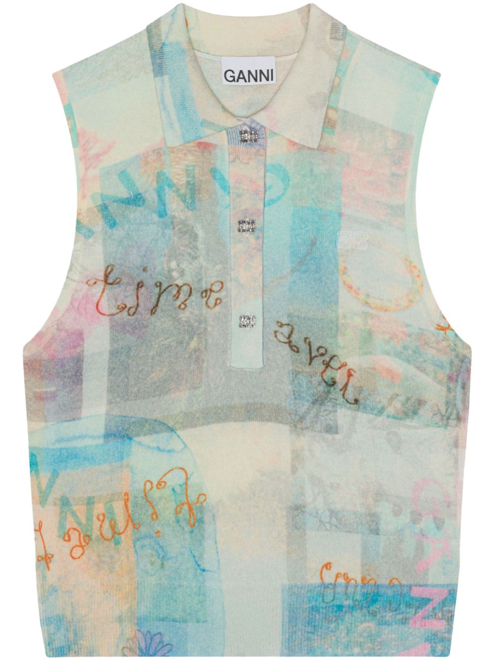 GANNI GRAPHIC-PRINT SLEEVELESS KNITTED TOP