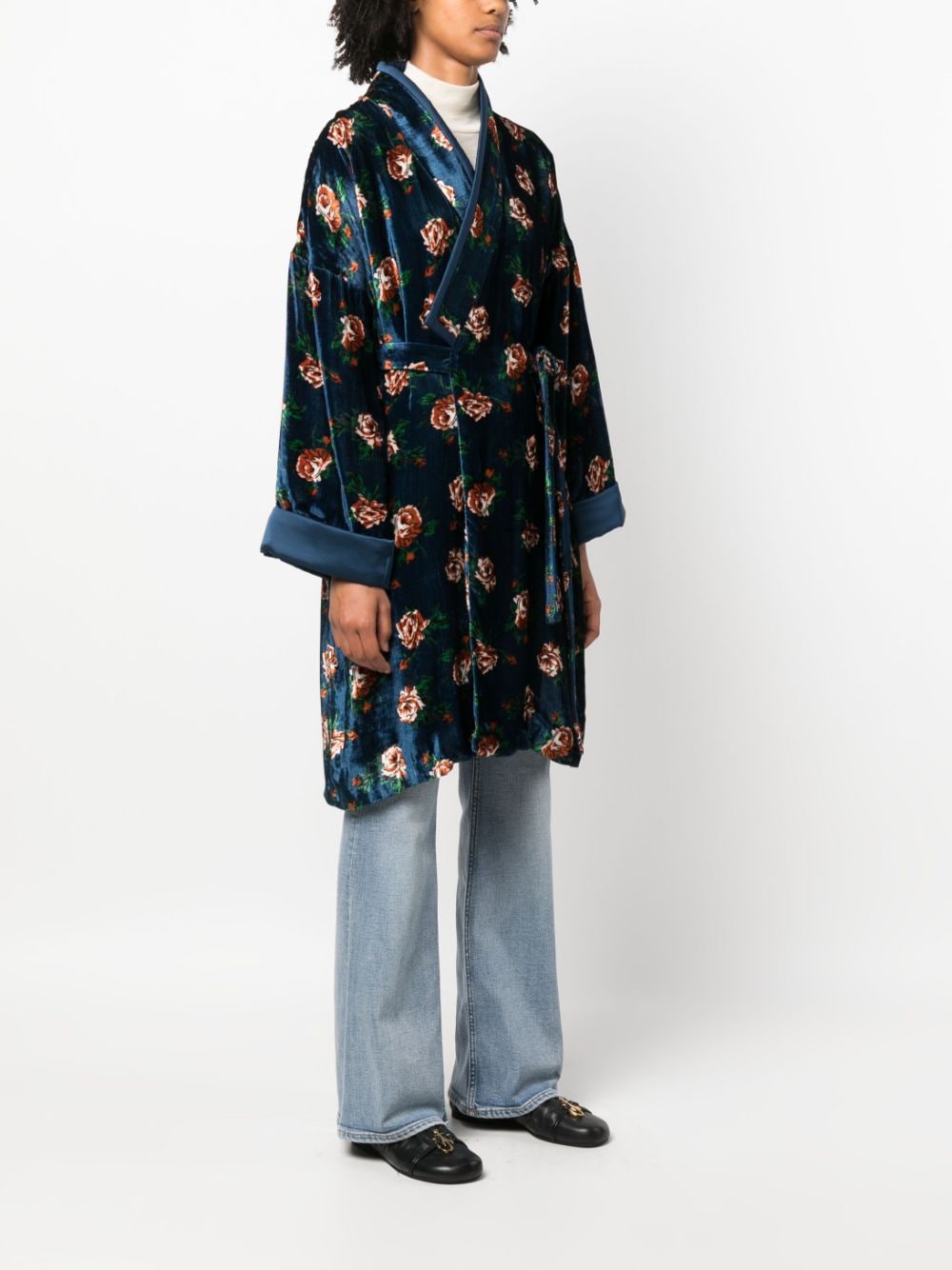 Shop Kenzo Mantel Rose-print Velvet Coat In Blue