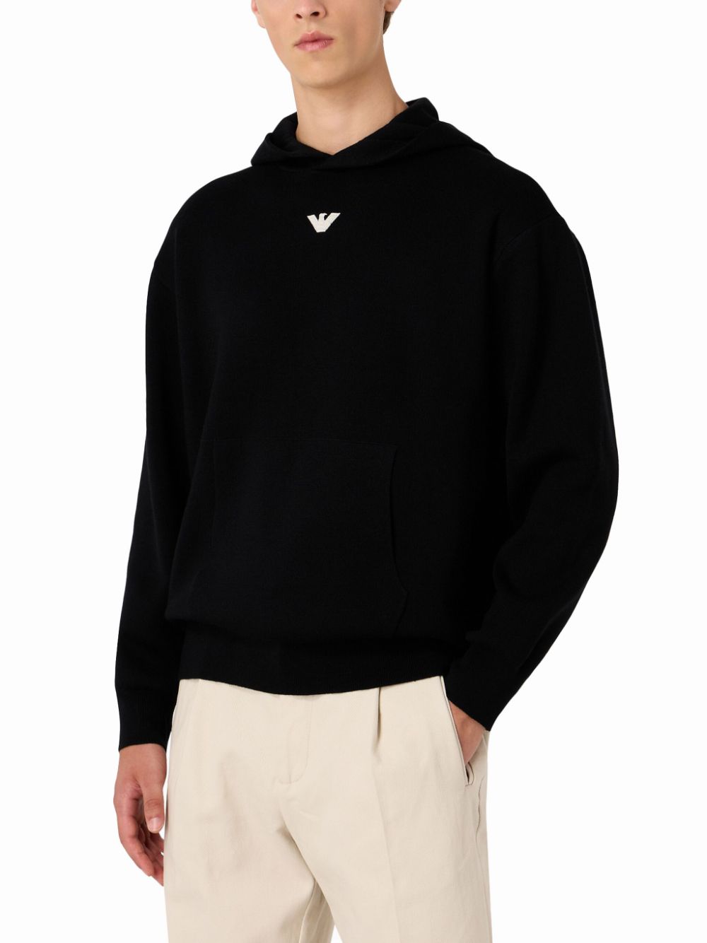 Emporio Armani logo-embroidered knitted hoodie - Zwart