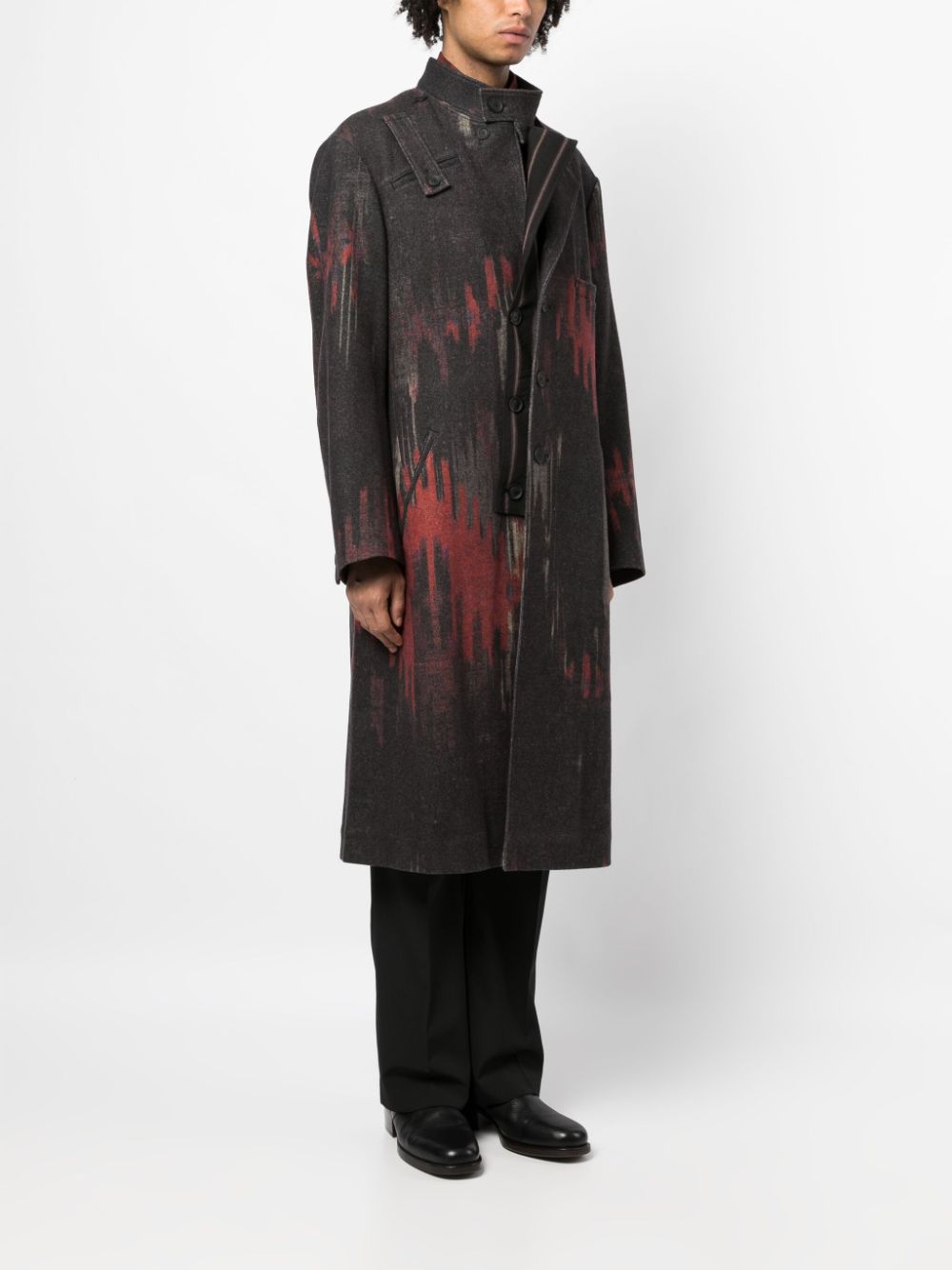 Shop Yohji Yamamoto Abstract-pattern Asymmetric Wool Blend Coat In Grey