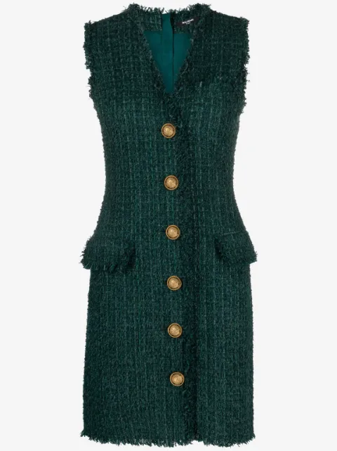 Balmain V-neck buttoned tweed minidress