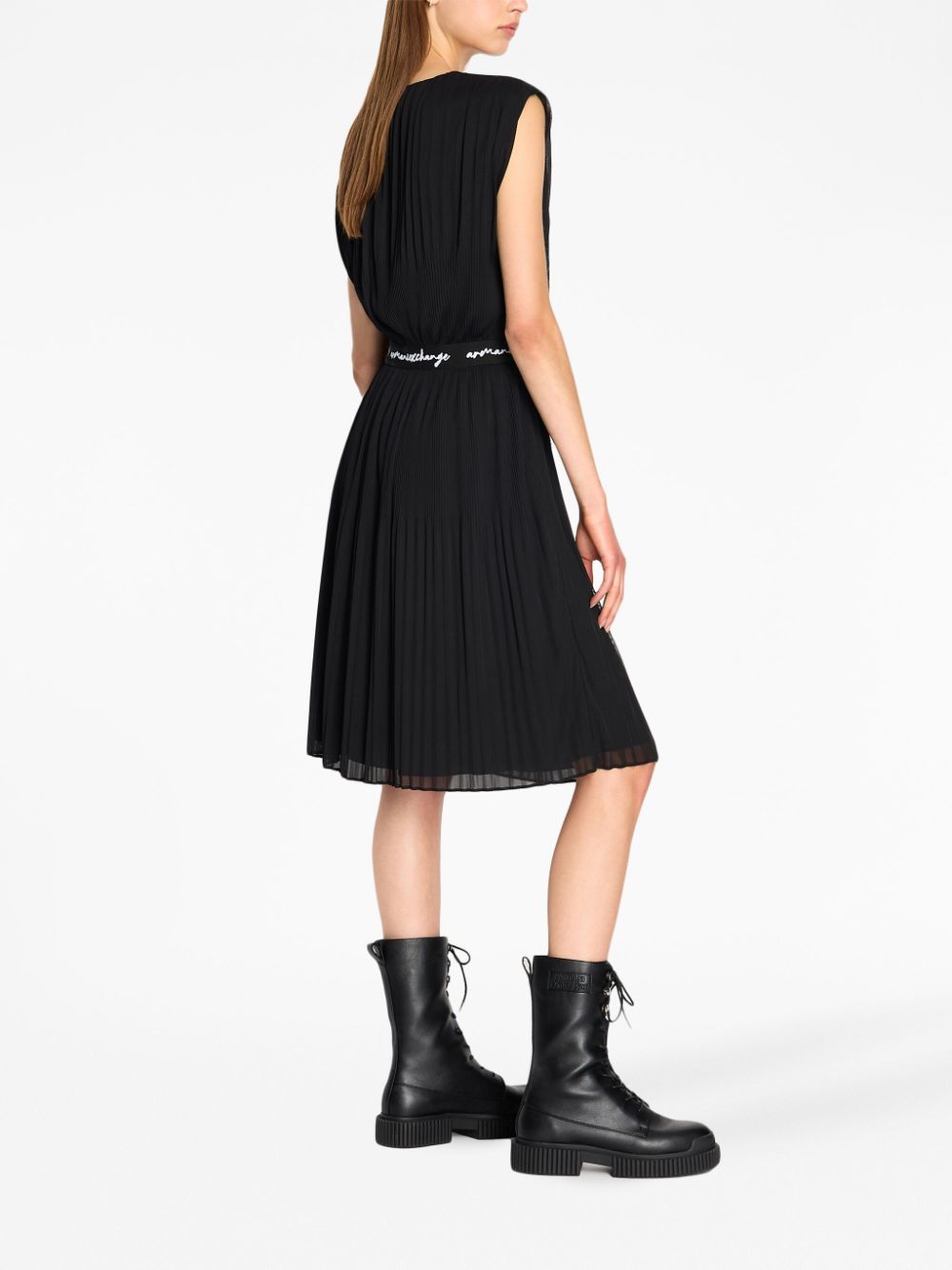 Shop Armani Exchange Logo-waistband Pleated Midi Dress In Black