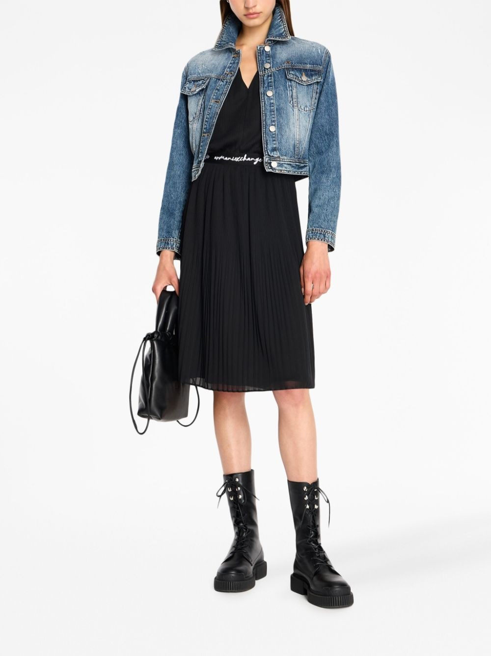 Shop Armani Exchange Logo-waistband Pleated Midi Dress In Black