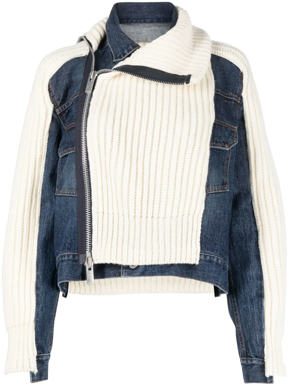 Sacai denim-panelled ribbed-knit Jacket - Farfetch