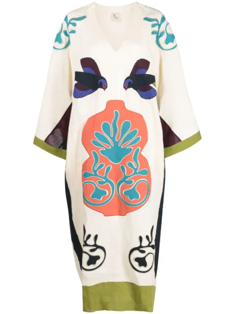 PAULA appliqué linen mid-length dress