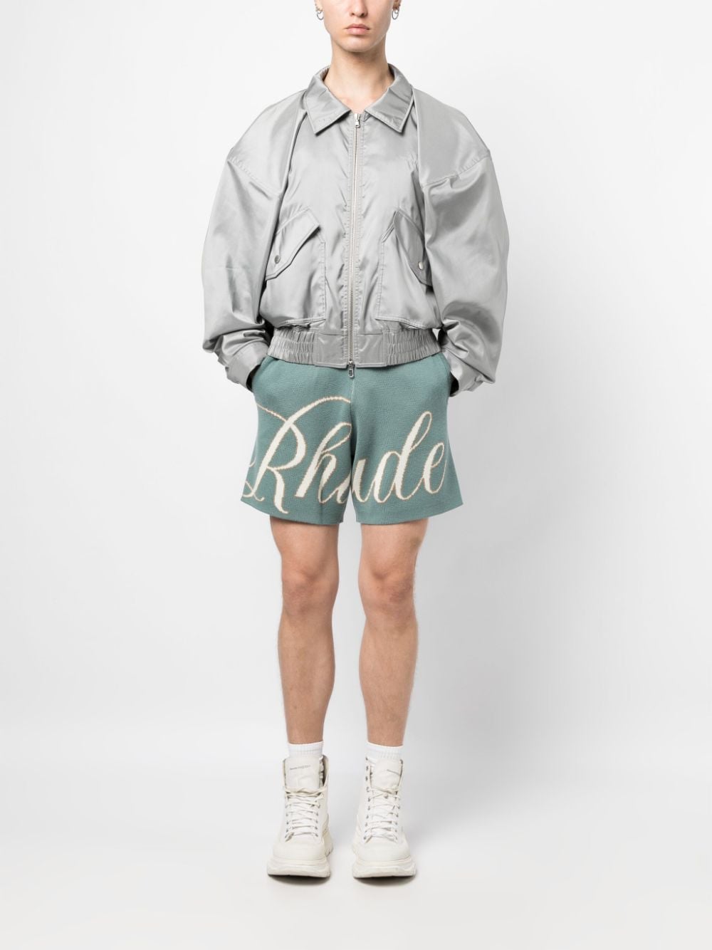 Shop Rhude Intarsia-logo Knitted Shorts In Green