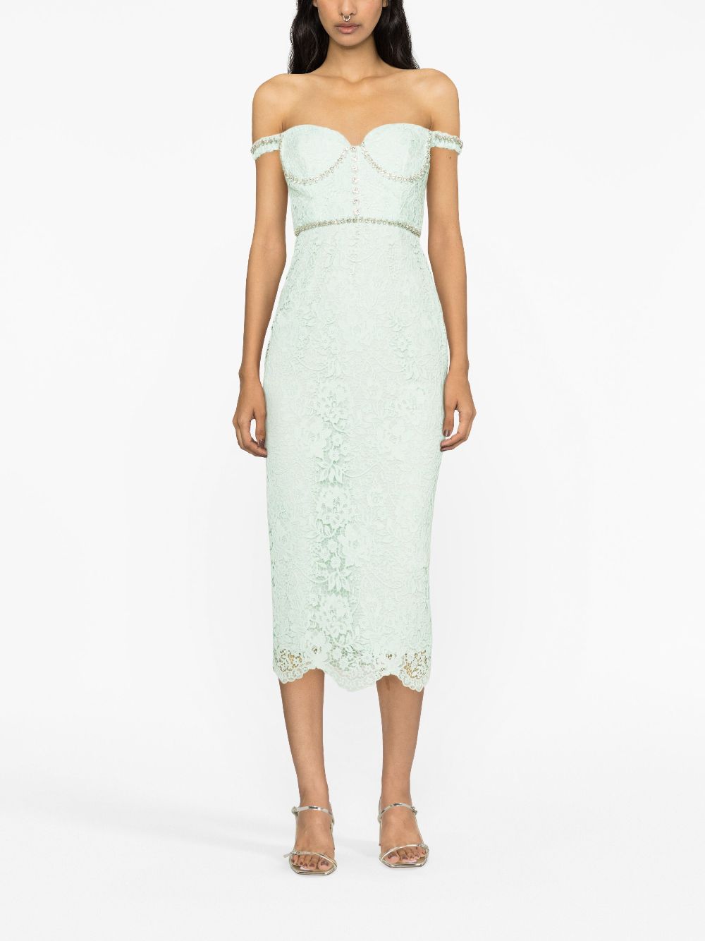 Self-Portrait off-shoulder cord-lace midi dress - Groen